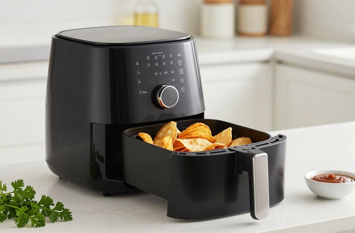 Air fryer basket filled with crispy golden chips.