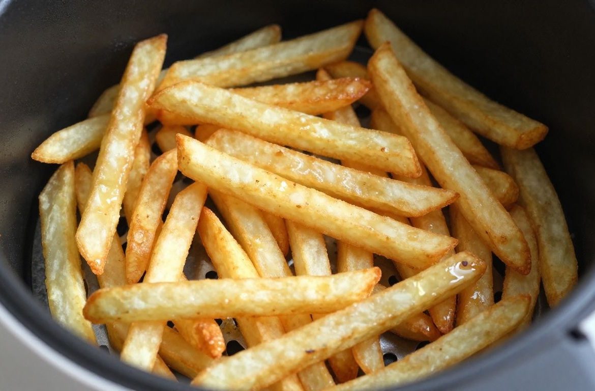 Crispy french fries in an air fryer basket, not overcrowded.