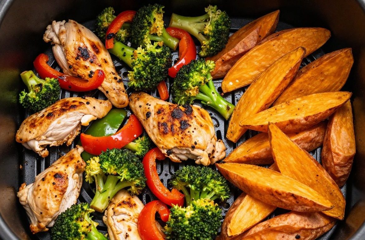 Air fryer basket filled with prepped chicken, vegetables, and sweet potato wedges.