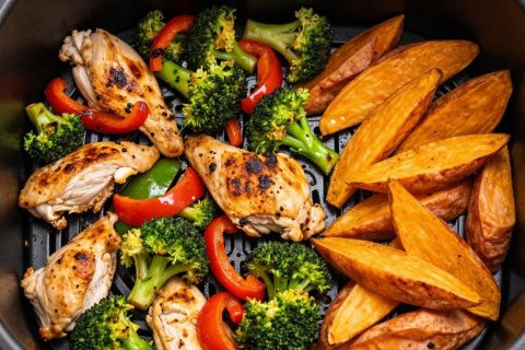 Air fryer basket filled with prepped chicken, vegetables, and sweet potato wedges.
