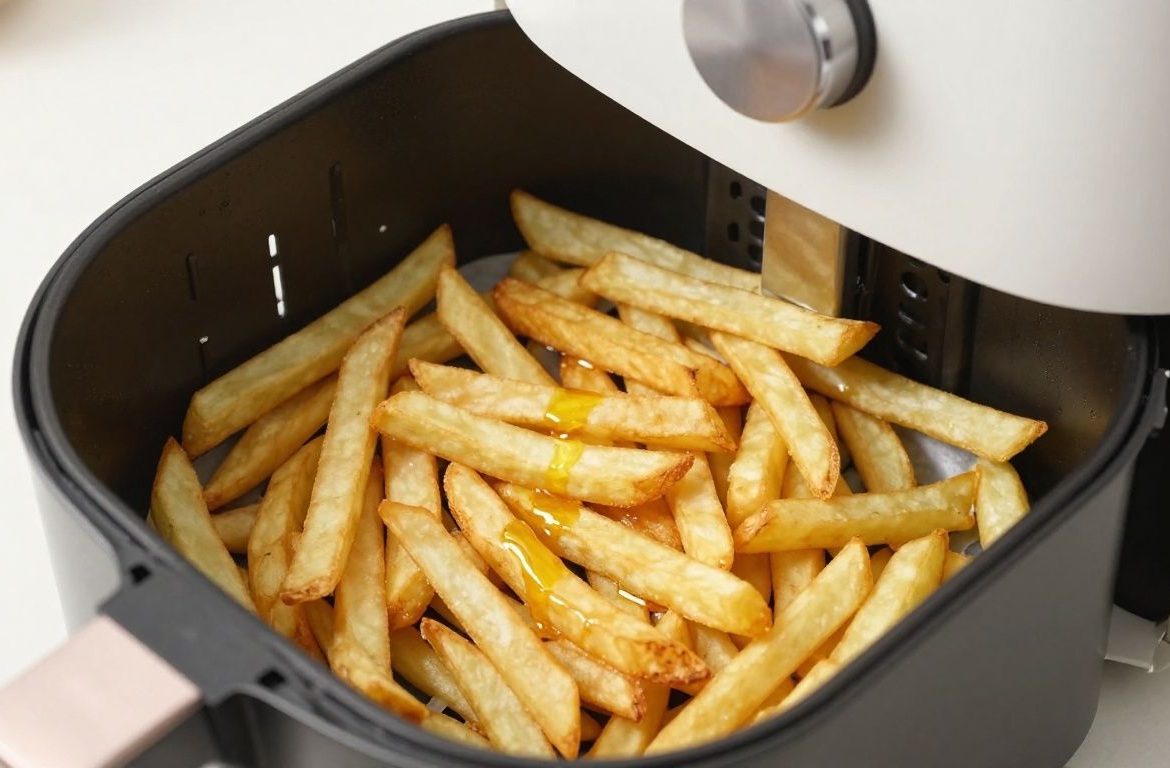 Golden french fries arranged perfectly in an air fryer basket.